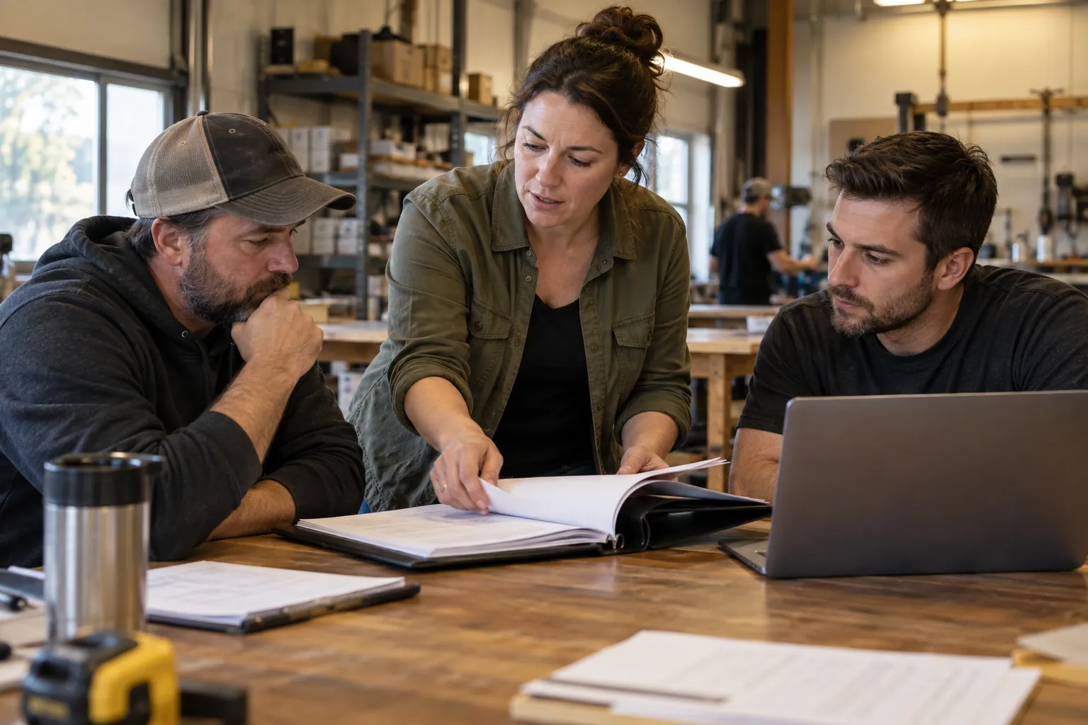 Team members reviewing a binder of procedures together at a shop table