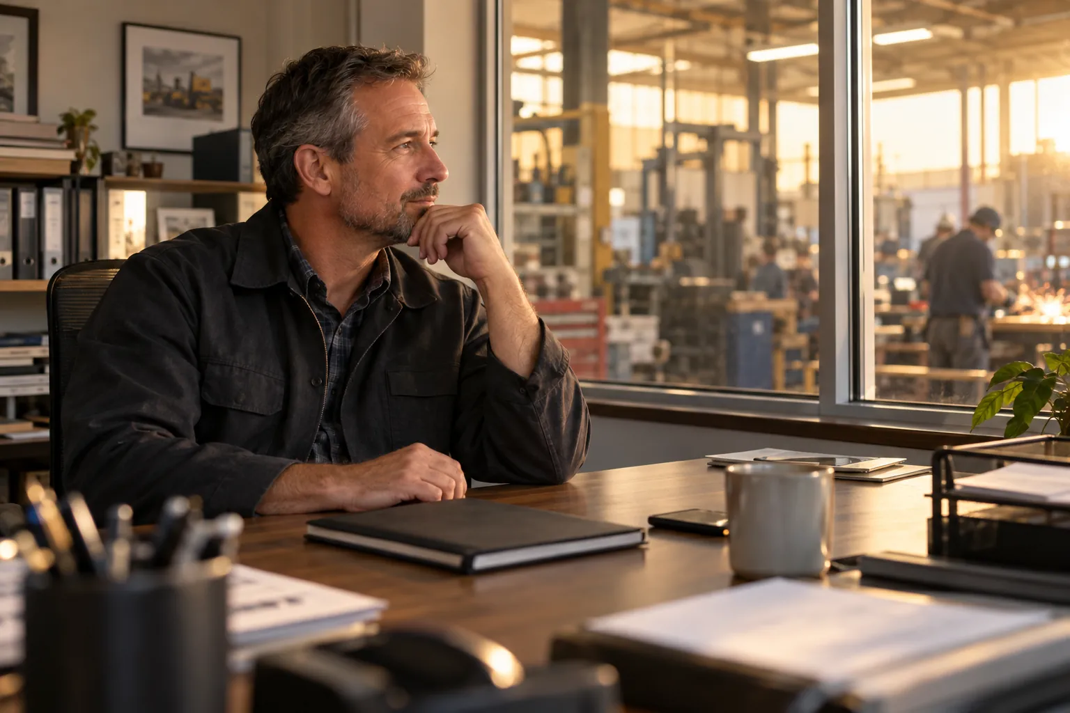 Business owner at his desk, looking out at the shop floor