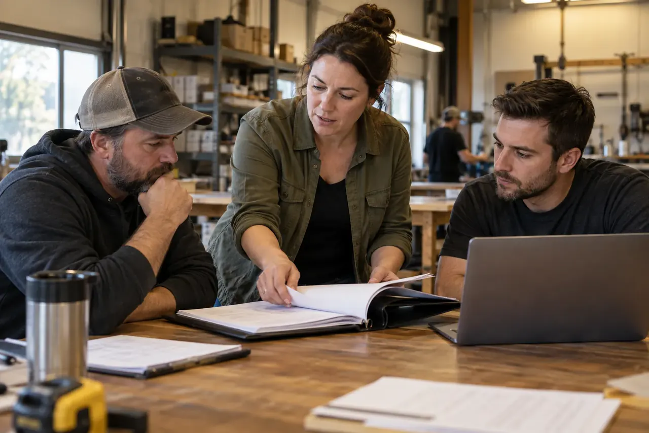 Illustration of three people at a workshop table reviewing a binder of documents beside a laptop